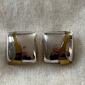 Vintage Mexico Chunky Sterling Silver 925 lBrass Post Earrings Modernist Artisan